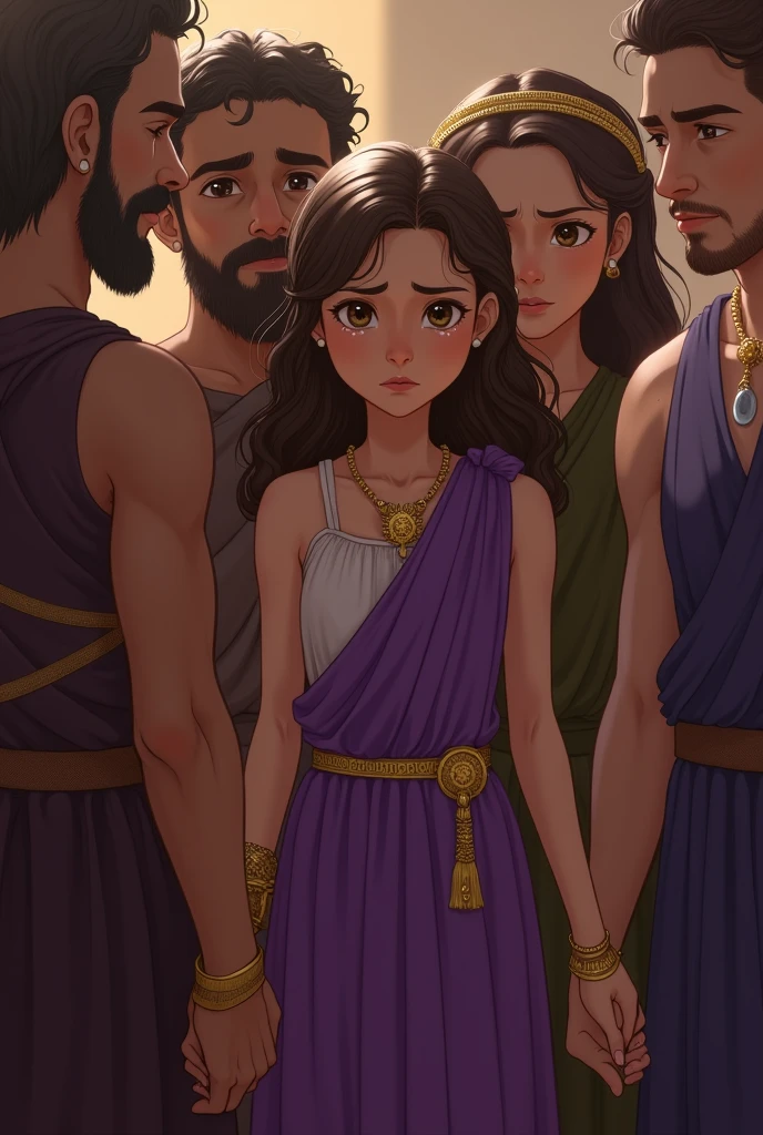 lilith with big and curious eyes, light brown hair and purple Greek toga with golden belt and bracelets crying next to neighbors after finding out that her old father was murdered