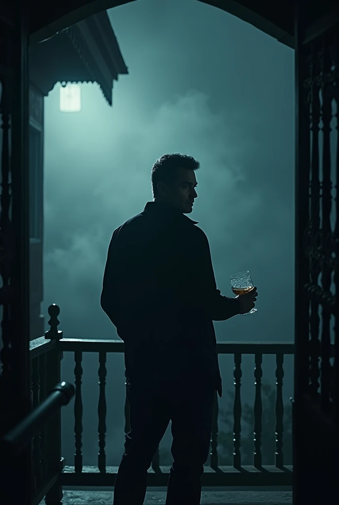 create cinematic, photo realistic film poster of a man staring with anger to someone outside his gate from the verandah of his posh first floor bungalow in Darjeling at night, holding whisky glass, foggy weather, front profile of the man
