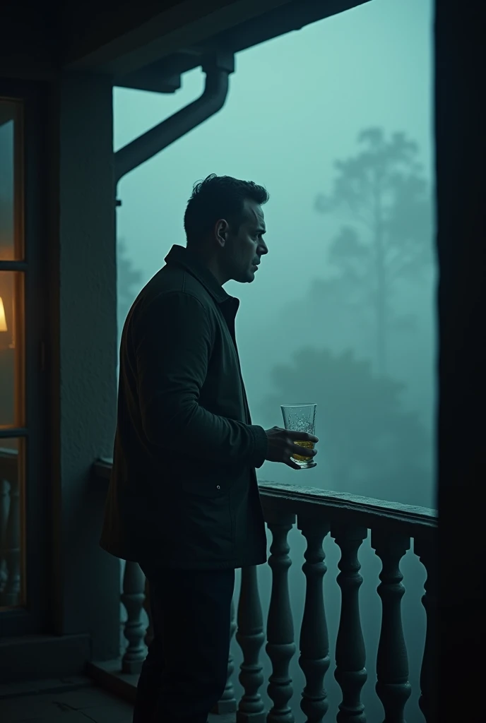 create cinematic, photo realistic film poster of a man staring with anger to someone outside his gate from the verandah of his posh first floor bungalow in Darjeling at night, holding whisky glass, foggy weather, front profile of the man