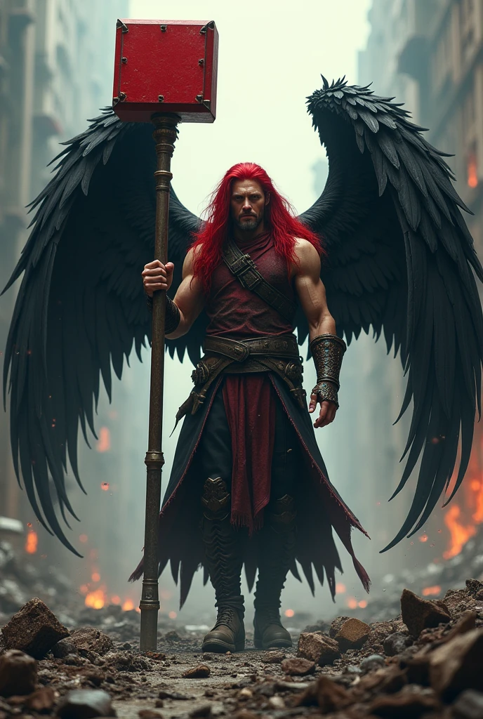 Man with long red hair, black wings and a large red hammer coming out of the wreckage 