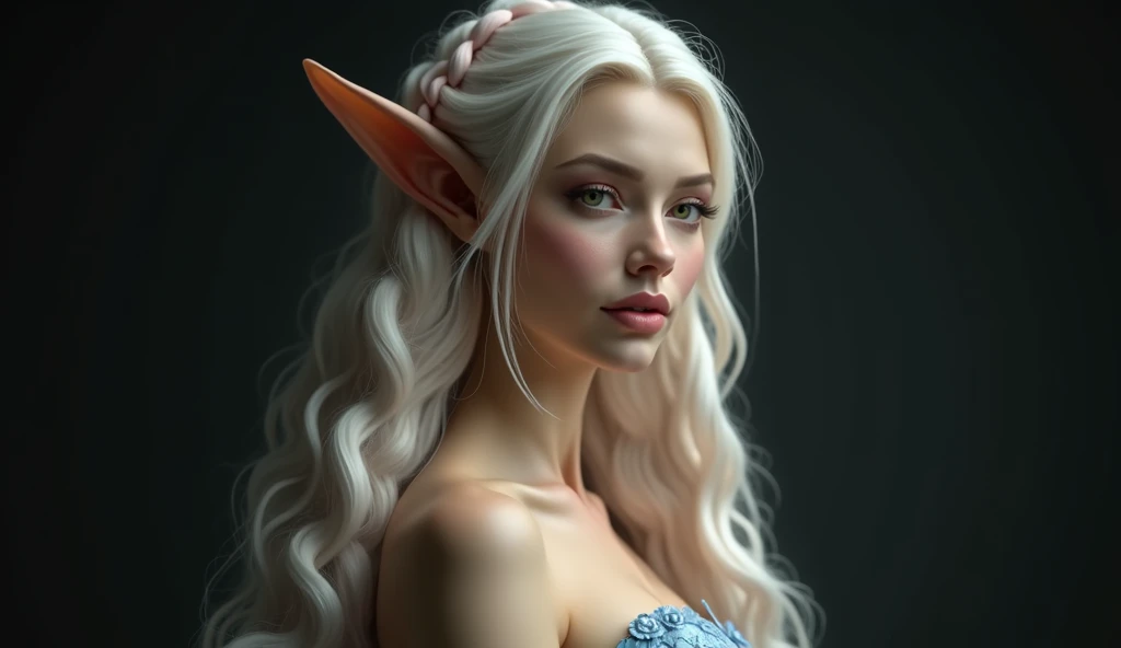 FAIRY WITH AN HYBRID FACE BETWEEN CLAUDIA SCHIFFER AND GISELE BUNDCHEN , BUST IMAGE STYLE, STUDIO IMAGE STYLE, BLACK INFINITE BACKGROUND, DIFFUSED LIGHTS ON FACE, BACK LIGHTS ON HAIR, LUMINOUS PINK HAIR, LIGHT PINK HAIR COLOR, CLOSE FACE SHOT, HUGE LONG HAIR, HUGE STRAIGHT LONG HAIR, BRAID HAIR STYLE, PLATINUM EYEBROWS, VERY PALE SKIN, LUMINOUS SKIN, FEMALE FAIRY, TOLKIEN MITHOLOGY, EXPOSED LONG TIP EARS, HIGH CHEEKBONES, ROSY CHEEKS, GORGEOUS LIPS, SOFT LIPSTICK, GORGEOUS CURVY BODY, SOFT MUSCLES, VOLUMOUS BREASTS, STRAPLESS CLEAVAGE, BLUE VICTORIAN DRESS, ENIGMATIC FACE EXPRESSION, SIDE FACE VIEW, EYES LOOKING TO THE SIDE, TOLKIEN MITHOLOGY, HIGH QUALITY IMAGE, MASTERPIECE, 8K