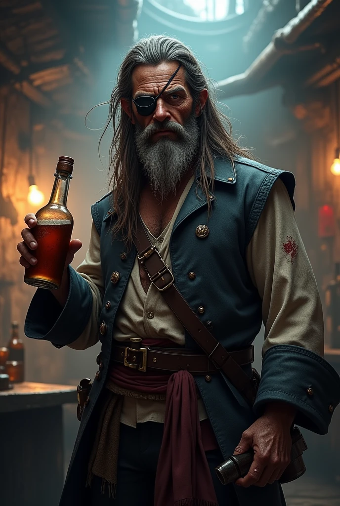 Long hair pirate with eye patch and burns, holding a drink bottle