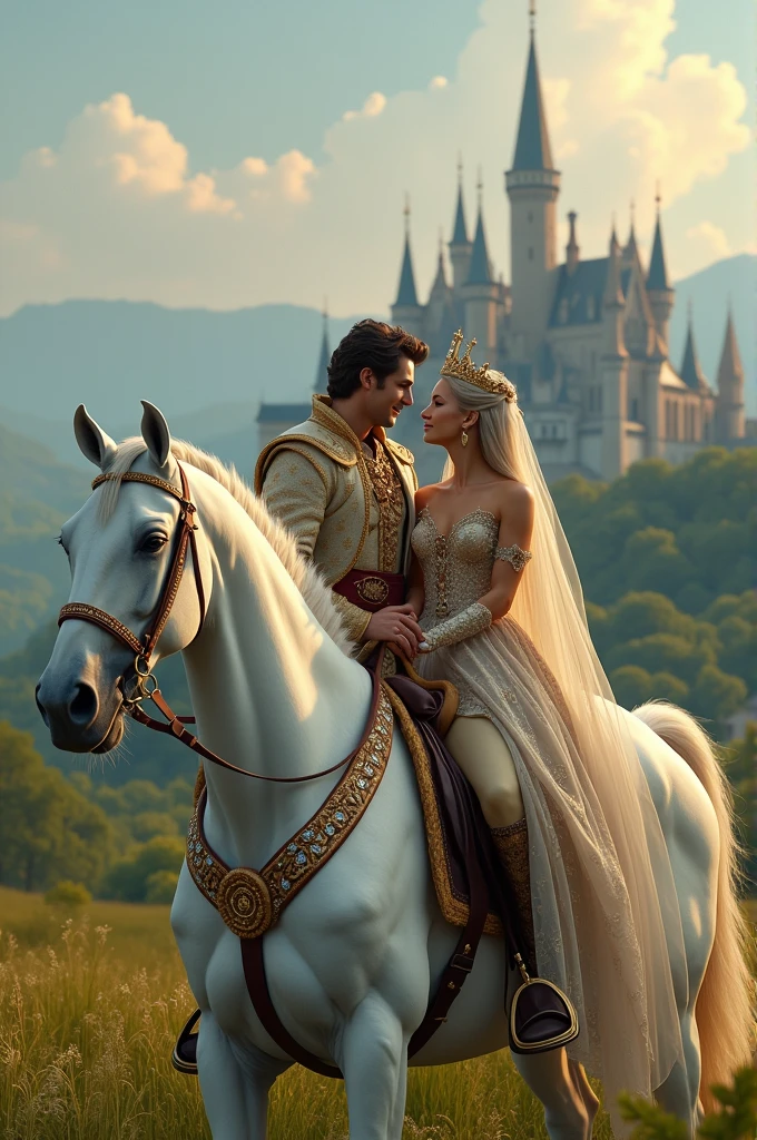 Realistic king and queen riding on a white beautiful horse seeing each other with love far away from kingdom