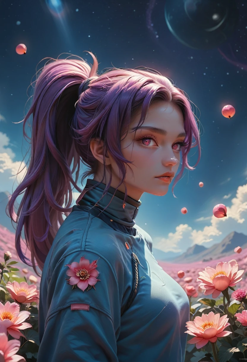 ((masterpiece, Best quality)), (negative space: 1.2), (1 girl, One: 1.4), petals, Pink eyes, dragon girl, long, purple hair, high ponytail, thin hair, flowers, Dragon Background