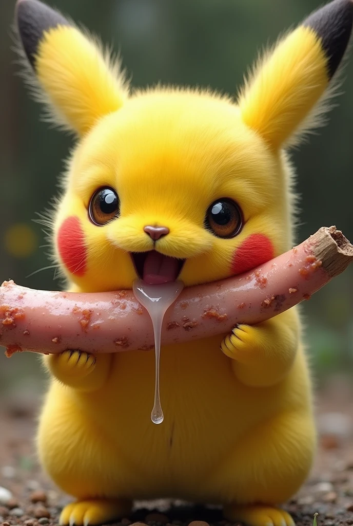 Pikachu putting a thick, veiny, flesh-colored stick in his mouth, filling it with saliva and making an excited face
