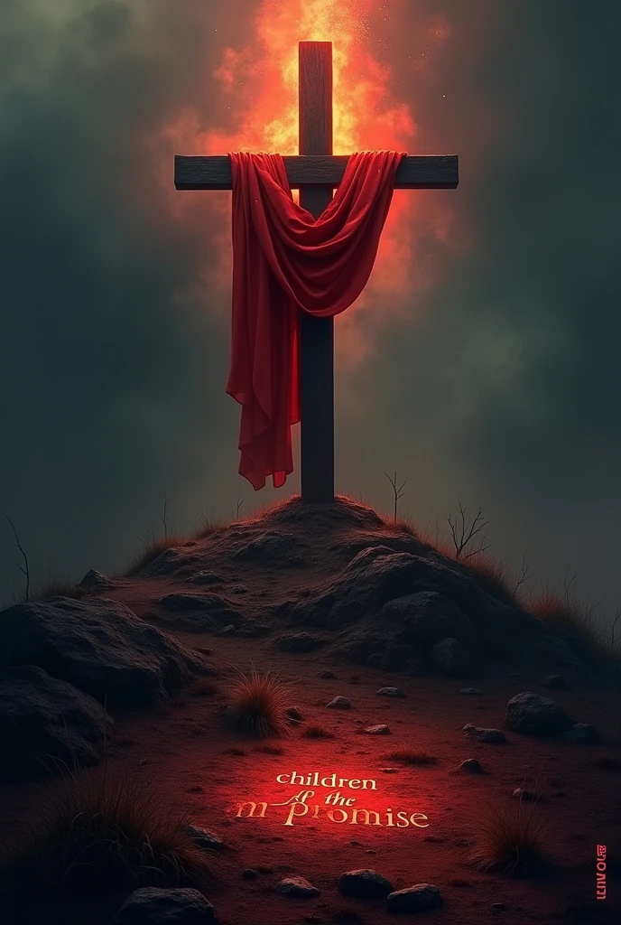 Cross with a red cloth, on Calvary in the midst of darkness, and the cross emitting a light to the ground, and written on the floor, children of the promise