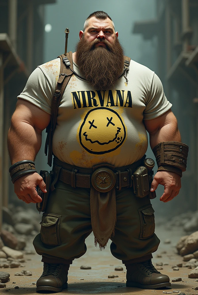Strong dwarf with a square face, military hair and nirvana shirt