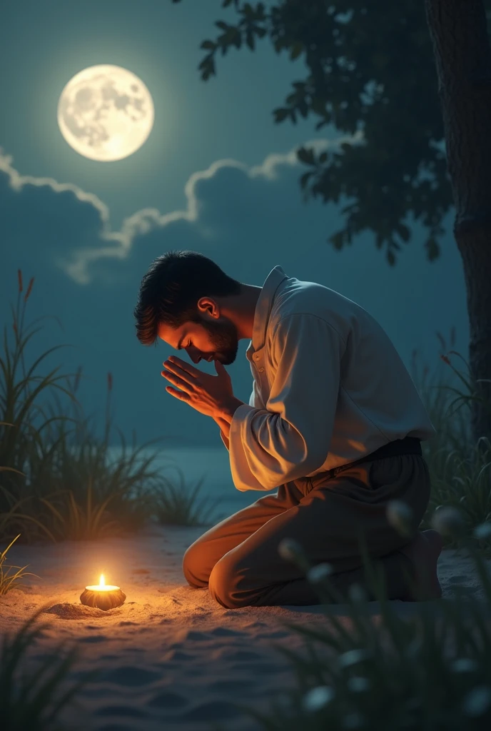 Transition to a close-up shot of a humble believer kneeling in prayer. The believer's posture shows deep devotion and humility. The scene is simple, focusing on the act of worship, with soft moonlight gently illuminating the believer.Mood: Devotion and spiritual connection. 
mane not woman 