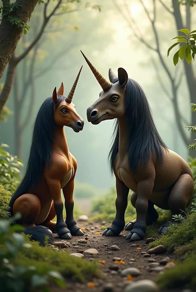 A brown unicorn with black hair sitting next to a three-horned triceratops
