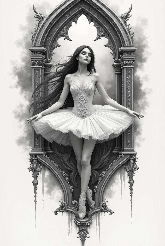 white gothic ballerina tattoo with loose hair