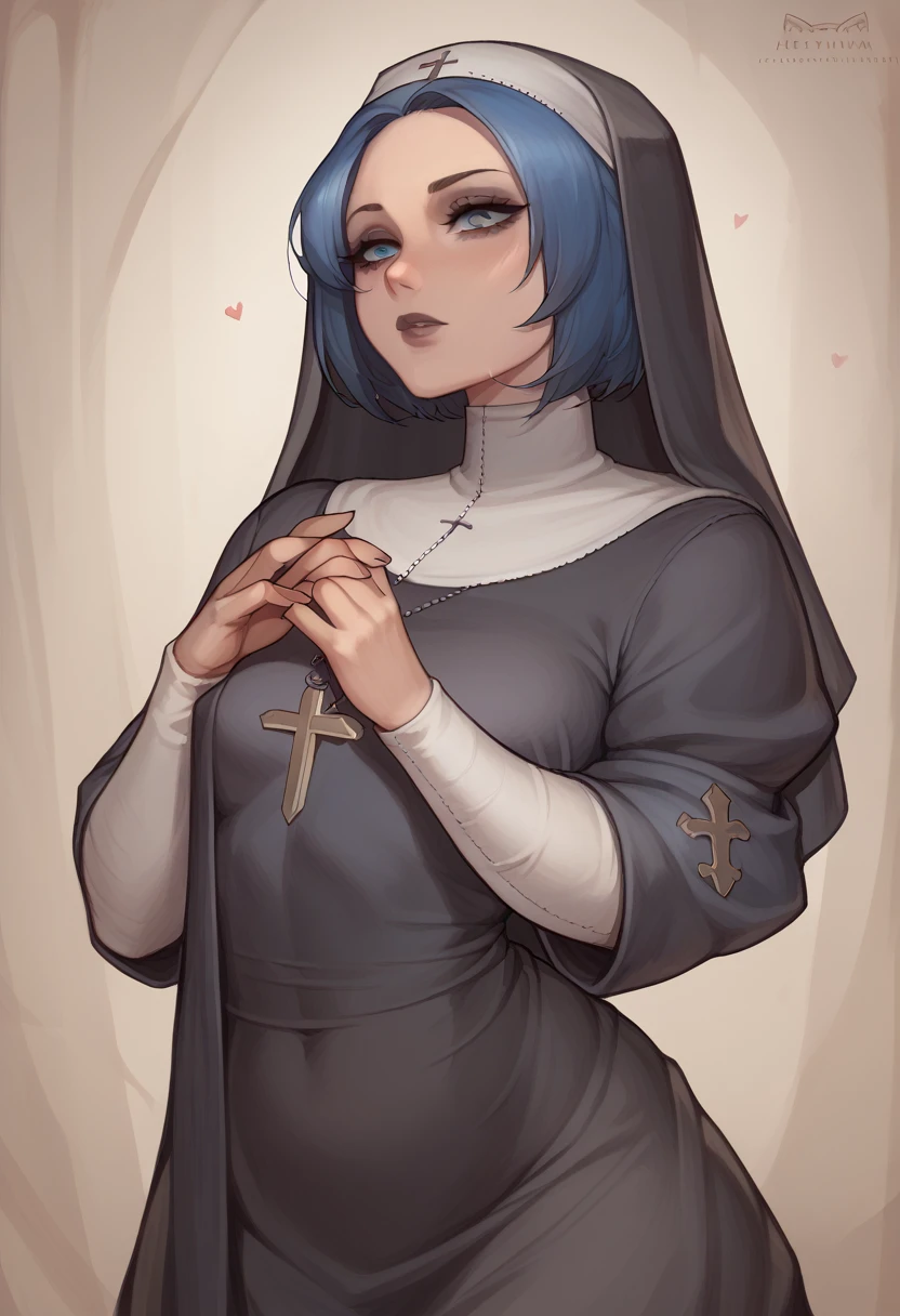 slim girl, nun, blue short hair, visual novel character, hands down, black sexy overcoat, black details, gothic theme, medieval, very thin
