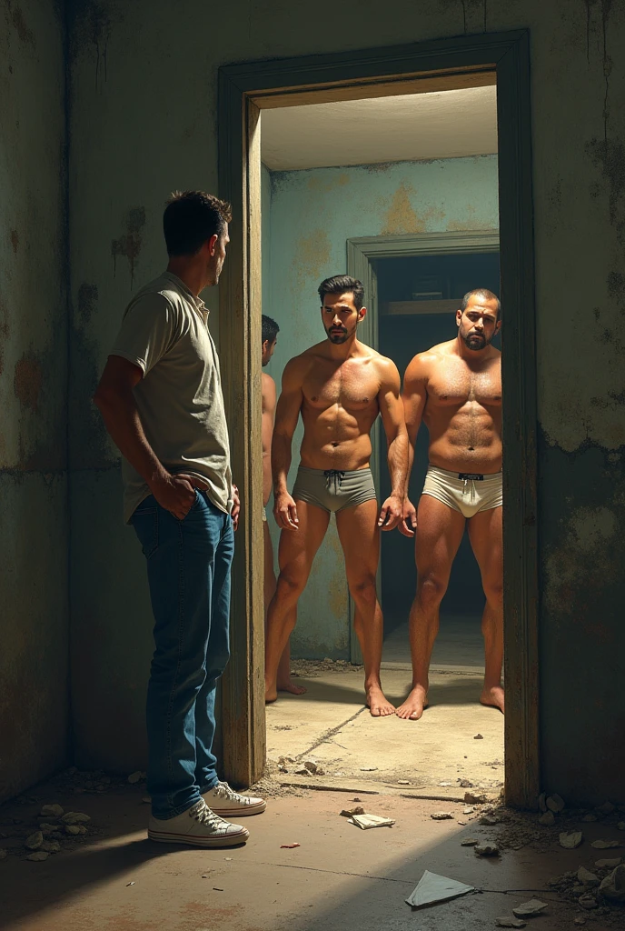 Man reporter in shirt, pants and sneakers outside an old house, looking into a large hall in the house, leaning against the door, having full view of door of puerto rican men standing strong and hairy in underwear next to each other talking looking at closet inside.