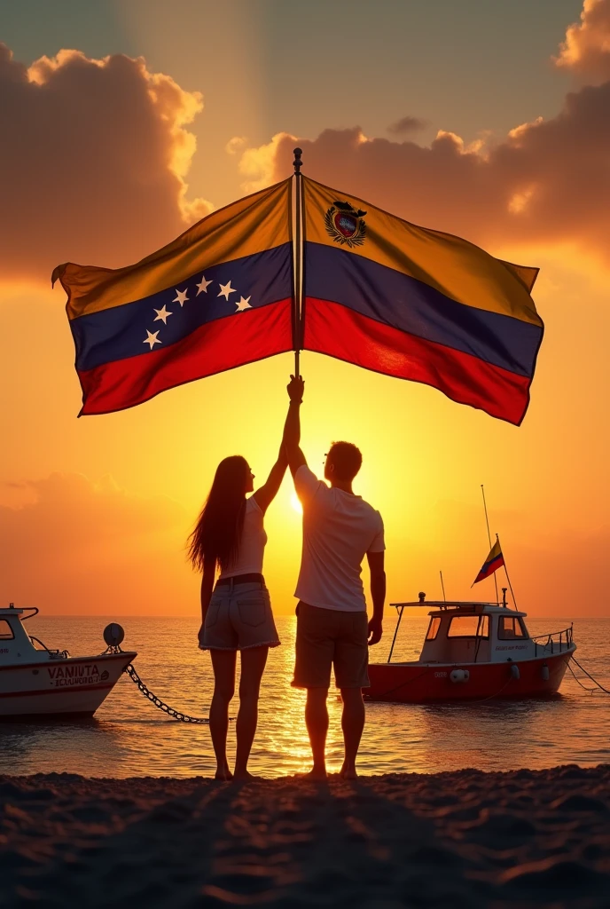 Two people raising flags, one woman holding the flag of Venezuela and the other holding the flag of Manta, a man on a beach in the evening sun rays and two fishing boats named Manta - Ecuador
, epic
realism