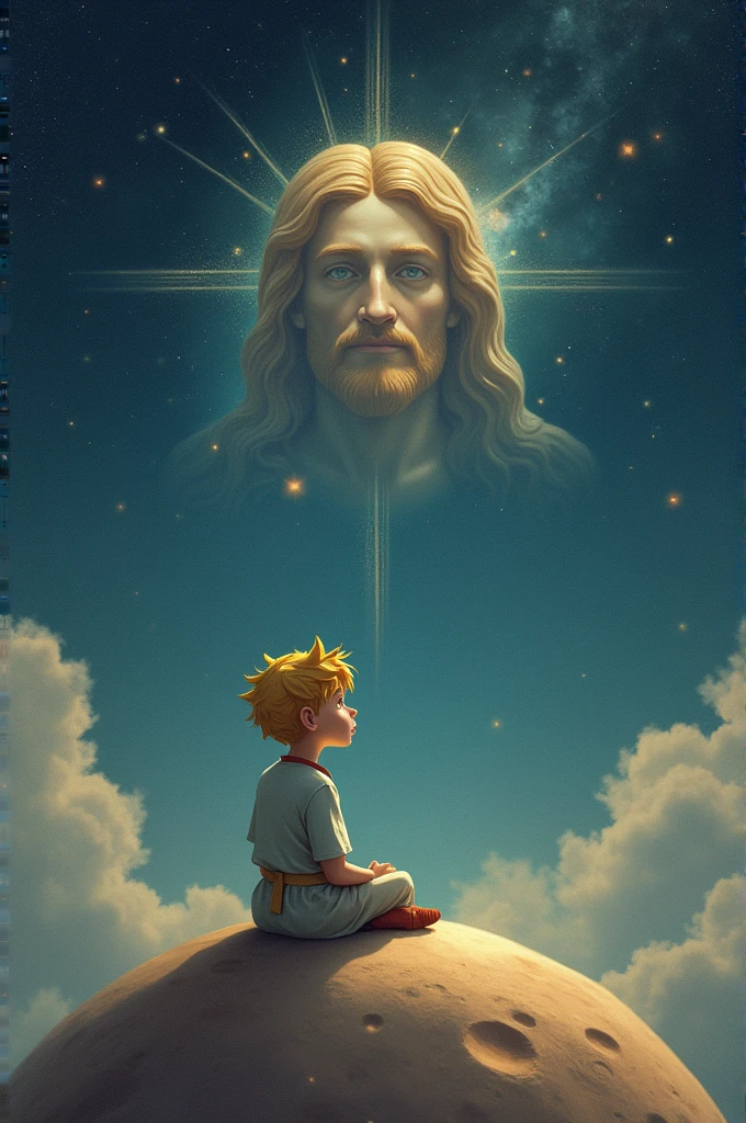 Little Prince, sitting on a small planet and there next to him a rose. He will be contemplating the face of Jesus mirrored in the universe