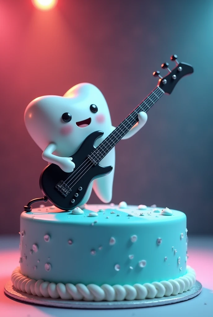 A light blue cake with a little male tooth playing a black electric bass with five strings, with a stage background