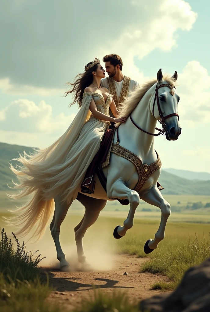 Realistic king and queen riding on a white beautiful horse and horse jump on back seeing each other with love far away from kingdom 