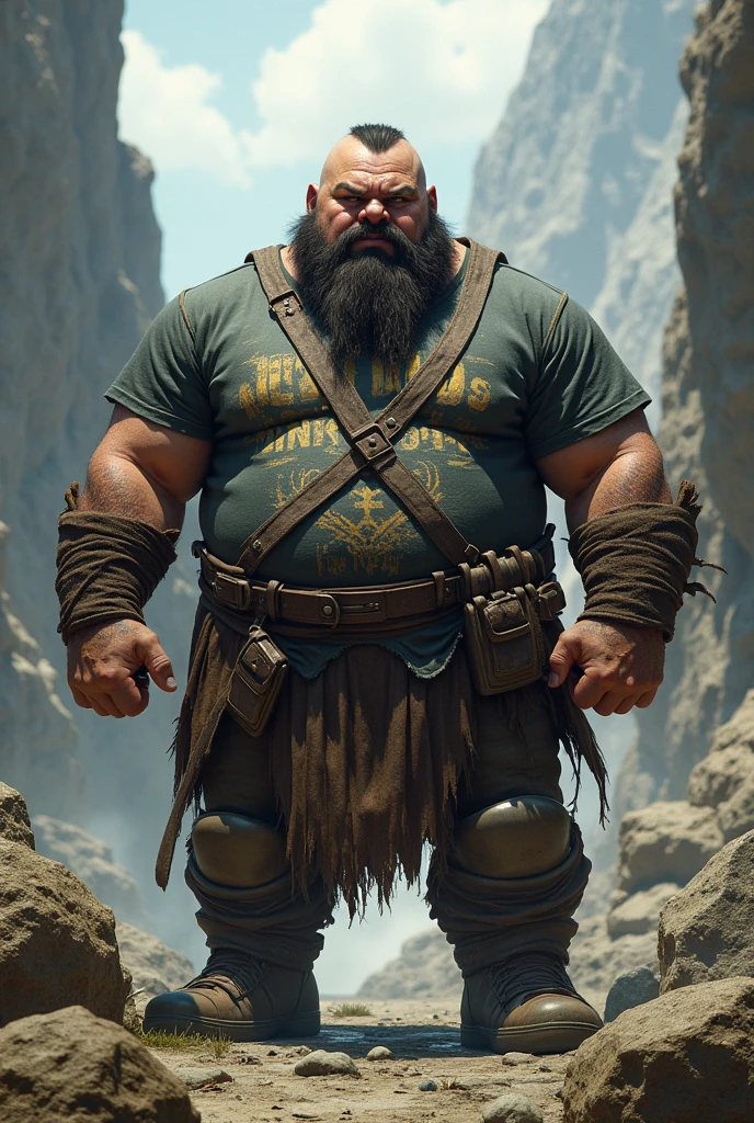 Strong dwarf with a square face, military hair and pink floyd shirt