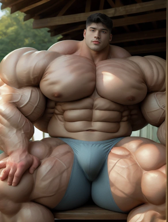 1boy, giant, asian, solo, giant bodybuilder, golden hour, strong body, bulk, large size, relax, seated at any swing, outdoor, nude, blue triangular underwear with enormous bulge, extraordinary big, brutalmass, giant muscular body, bulk, buff, massive body, large meaty body size, extremely wide body, tallest body