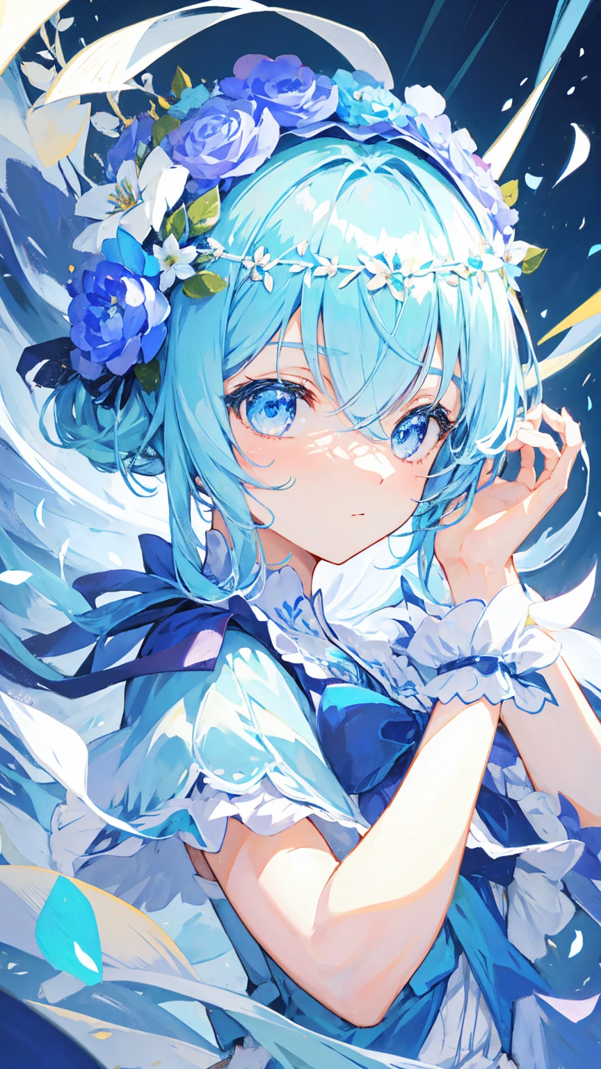 Anime Girl,light blue hair,Flower headdress