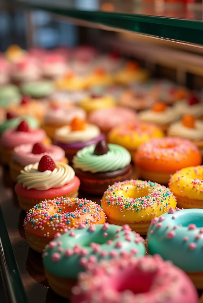 Brightly colored tortas, cupcake donuts, and vibrant hues adorn a display counter in a shop. Each dessert is a feast for the eyes with their vivid colors and tempting designs, creating a veritable rainbow of sweetness. The image, possibly a photograph, captures the delicious treats in sharp detail, highlighting their scrumptious appeal. The display gleams with freshness and quality, making it a tantalizing sight for any sweet tooth.
