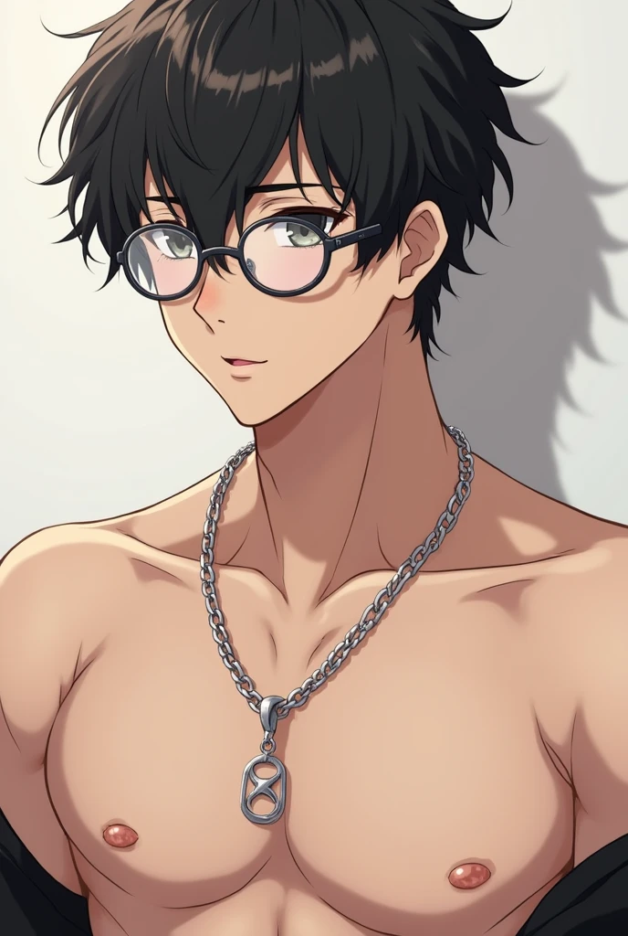 Anime hot guy with short dark hair wearing round glasses, silver necklace shirtless