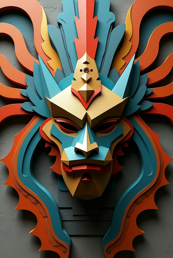 Generate me a mask of the god Quetzalcoatl in cubist style with resemblance to ancient Mesoamerican sculptures