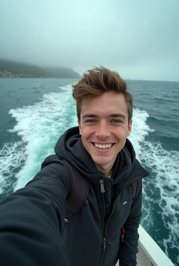 Last selfie. The young man smiles and takes a selfie on a small boat in the middle of the sea. However, the water has already invaded half of the vessel and continues to rise rapidly, with the waves crashing menacingly all around. The contrast between his carefree smile and the sinking boat makes the image surreal and worrying.. Oops.