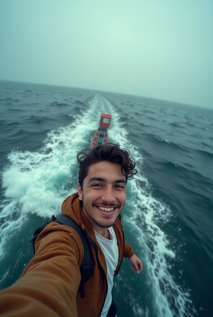 Last selfie. The young man smiles and takes a selfie on a small boat in the middle of the sea. However, the water has already invaded half of the vessel and continues to rise rapidly, with the waves crashing menacingly all around. The contrast between his carefree smile and the sinking boat makes the image surreal and worrying.. Oops.