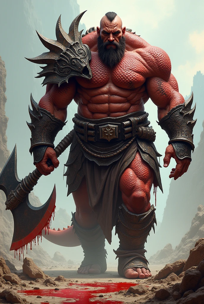 brutal warrior, red dragon scale armor, great axe, half giant, blood