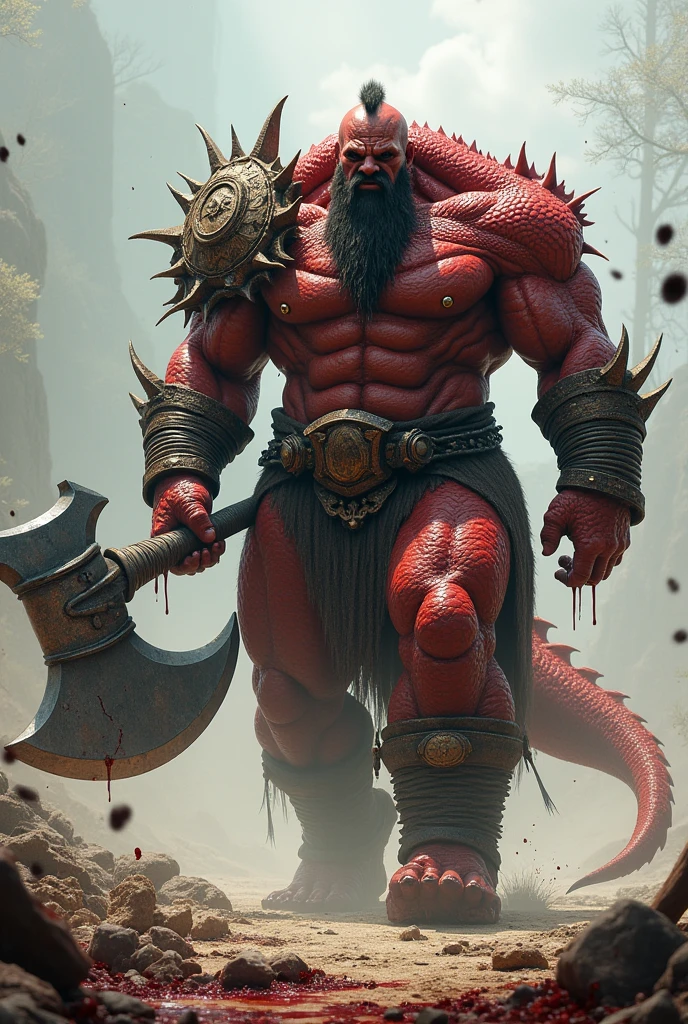 brutal warrior, red dragon scale armor, great axe, half giant, blood