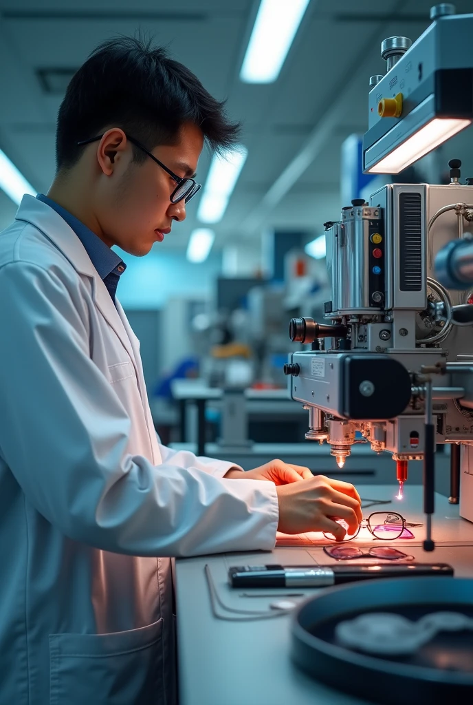 Person coloring eyeglass lenses on a lens coloring machine