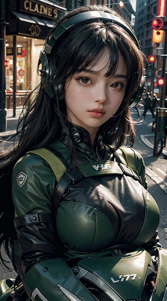 Maximum image quality, outstanding details, ultra high resolution, (Realism: 1.4), the best illustration, favor details, 1 very condensed girl, with a delicate and beautiful face, dressed in a black and green wick, wearing a mecha helmet, holding a directional controller, ride a motorcycle, the background is a high-tech lighting scene of the city of the future, He wears headphones on his head.