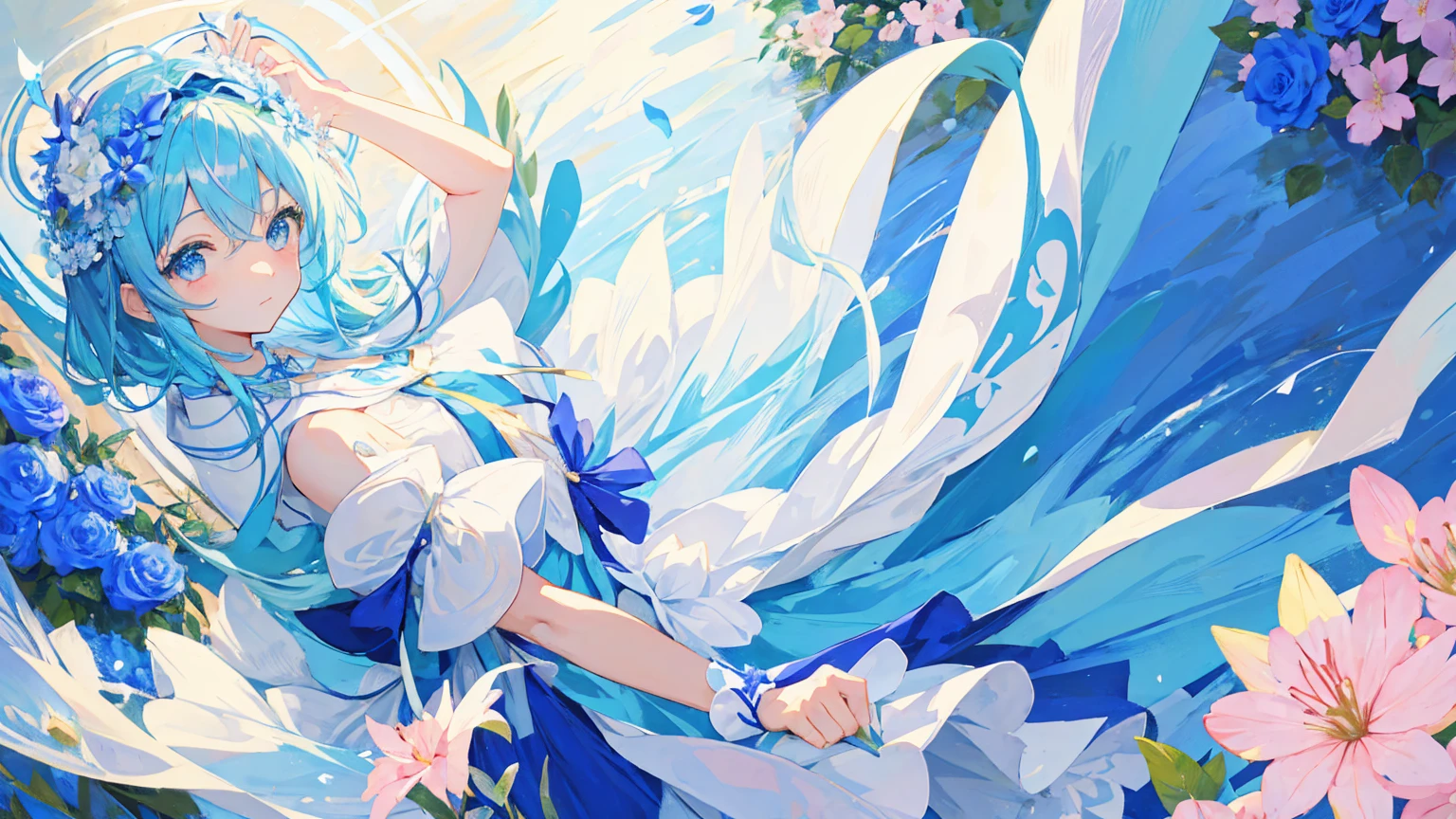 Anime Girl,light blue hair,Flower headdress