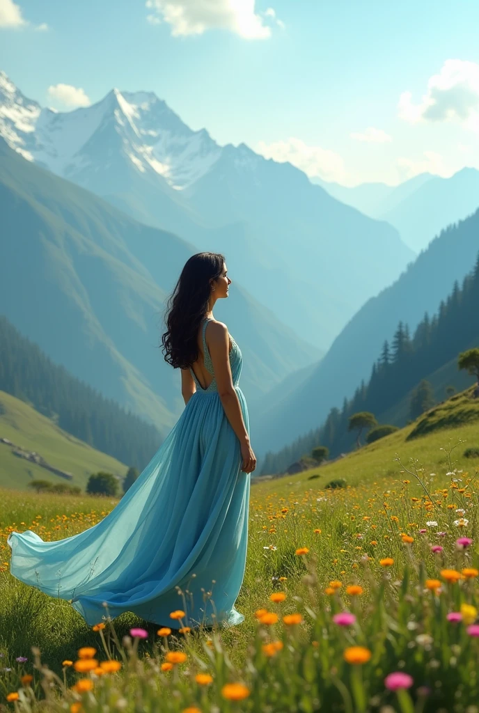 A beautiful woman 2 seeing the Dhauladhar mountains from the grassland wearing blue colour plazo