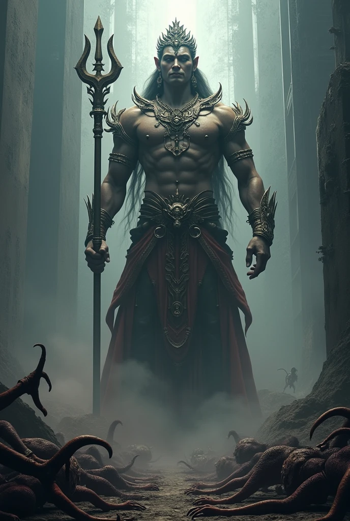 Kalki avatar at the end of kaliyuga after defeating all the demons from the world in viraat form dark and futuristic