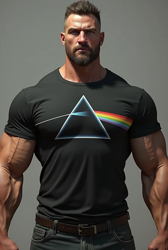 Strong guy with a square face, military hair and pink floyd shirt