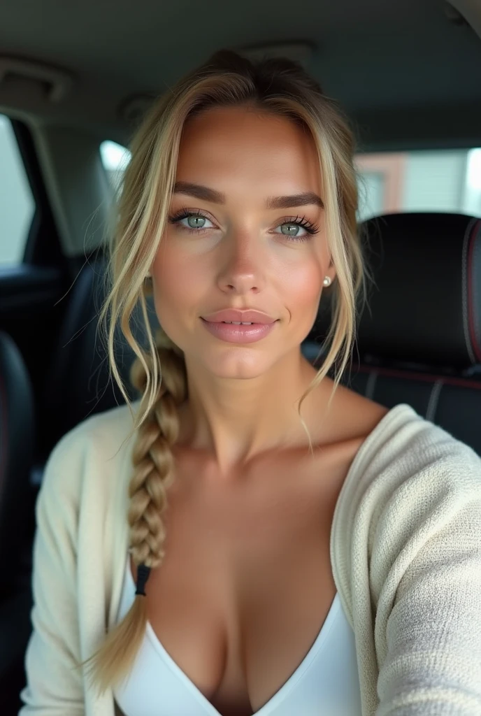 make up:1.5. taking a Selfie. Ultra-realistic Italian girl, 24 years old, stunningly beautiful, influencer. Snub nose. Full lips. Face with gentle features. Fair skin. Glass Skin. Square Face. Detailed Face. Detailes Texture. Thick eyebrows. Dark realistic Eyes. Blond long Hair. Evening light. ((evening)) She's wearing a blue top. in the dining room. Medium Breast.
