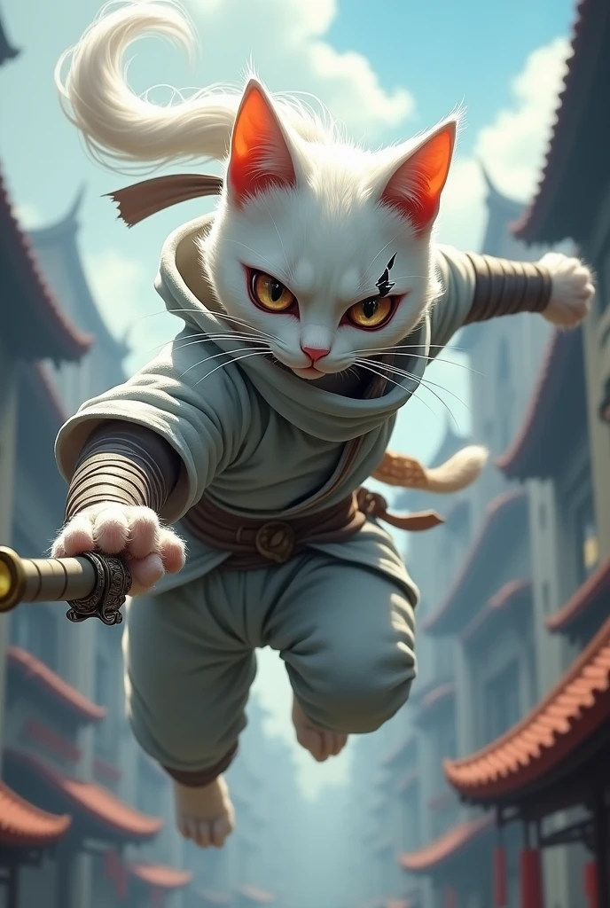 A female white cat dressed in ninja dress with white ponytail with scar across eyes and anger in eyes with sword in hand jumps off the roof in air