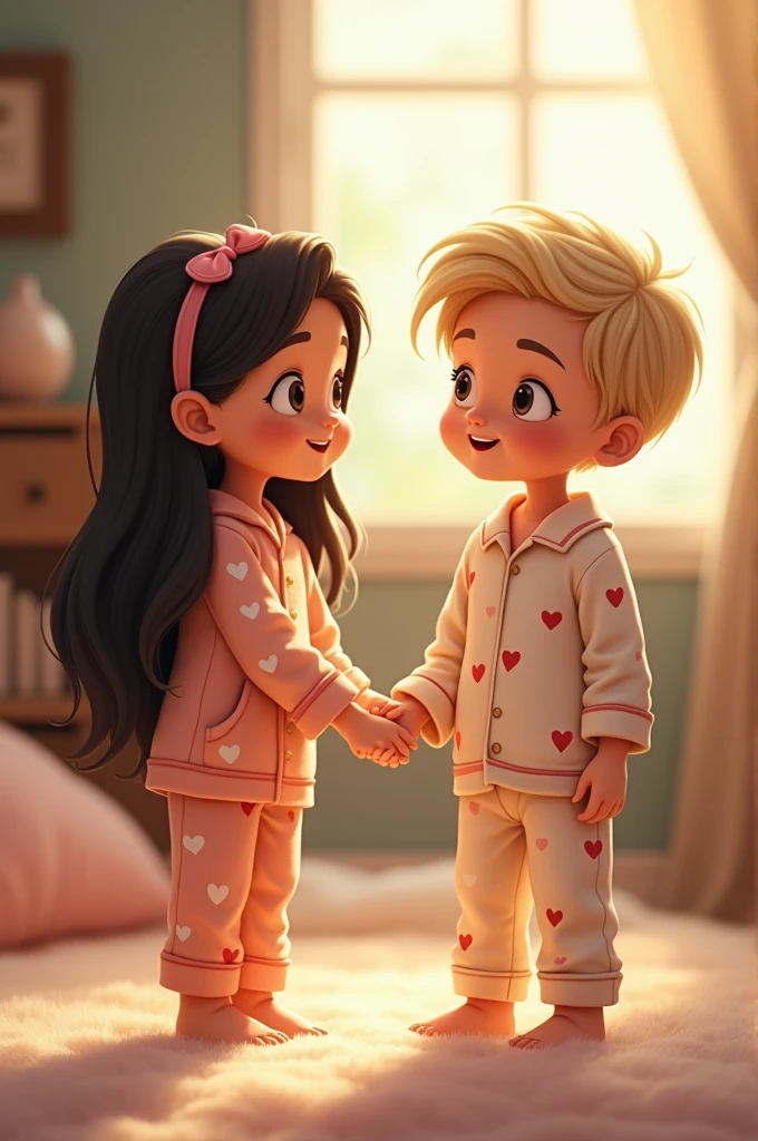 Latina girl with black hair holding hands with blonde boy in matching pajamas 