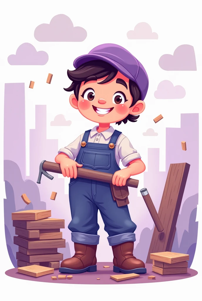 make a drawing of a carpenter in cartoon form and with the purple palette, white and light purple