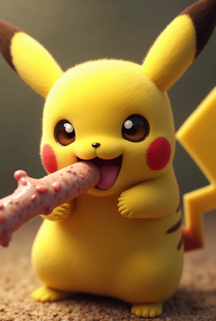 Pikachu with a thick, veiny, flesh-colored stick inside his mouth, filling it with saliva and making an excited face.
