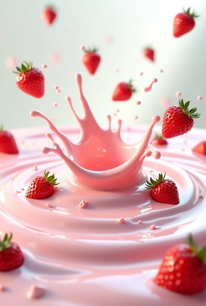 swirl style yogurt pool splashing strawberry coming from bottom to top in 3D with space inside to place elements inside. fill the screen well in the proportion 1080x1080 1:1