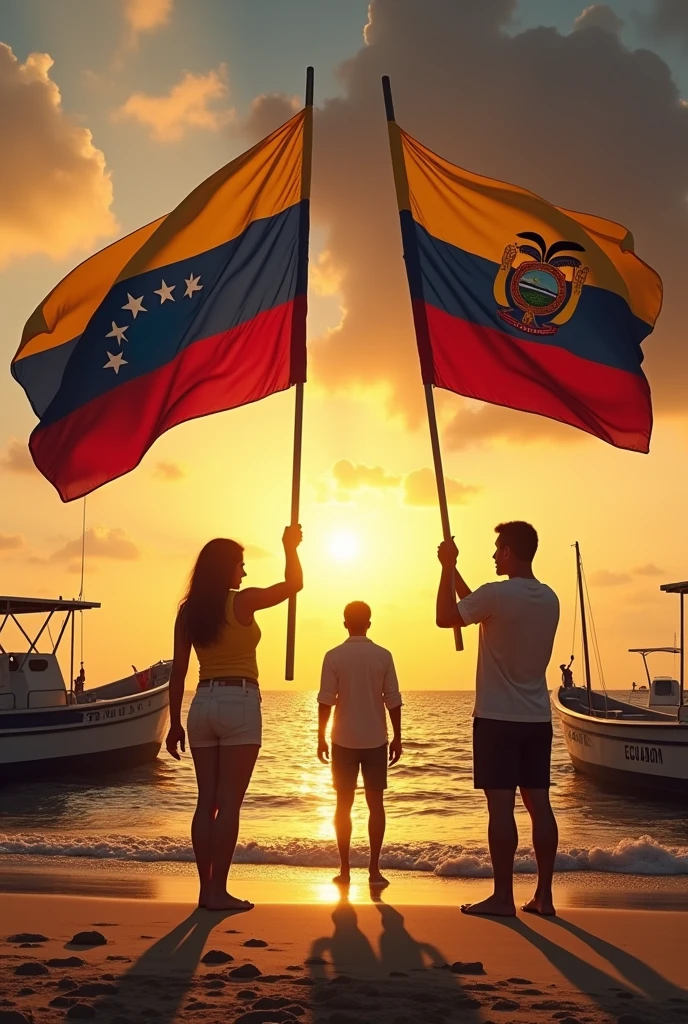 Two people raising flags, one woman holding the flag of Venezuela and the other the flag of Ecuador, a man on a beach in the sunset rays of the sun and two fishing boats named Manta - Ecuador
, epic
realism