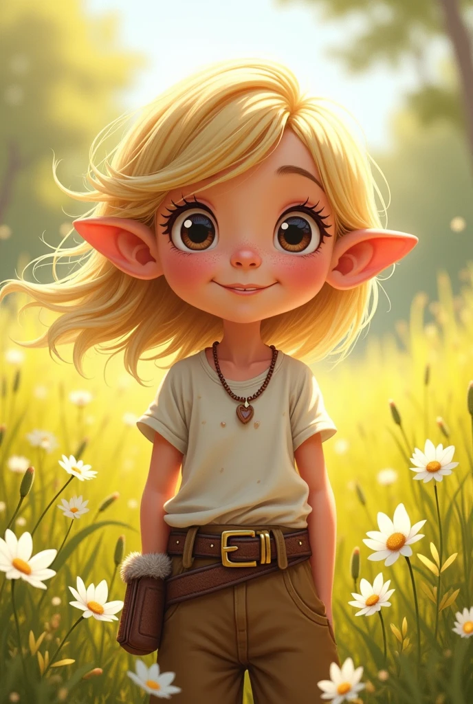 Create a 2D illustration of a cheerful halfling girl with light blonde hair and large, expressive eyes. She has rounded ears, freckles, and a broad smile. The girl is wearing a simple white shirt and brown pants, with a leather belt and fur accents. The background is a warm, golden meadow with soft lighting, featuring tall grasses and white flowers. The overall atmosphere is bright, friendly, and inviting, capturing the character's joyful personality.