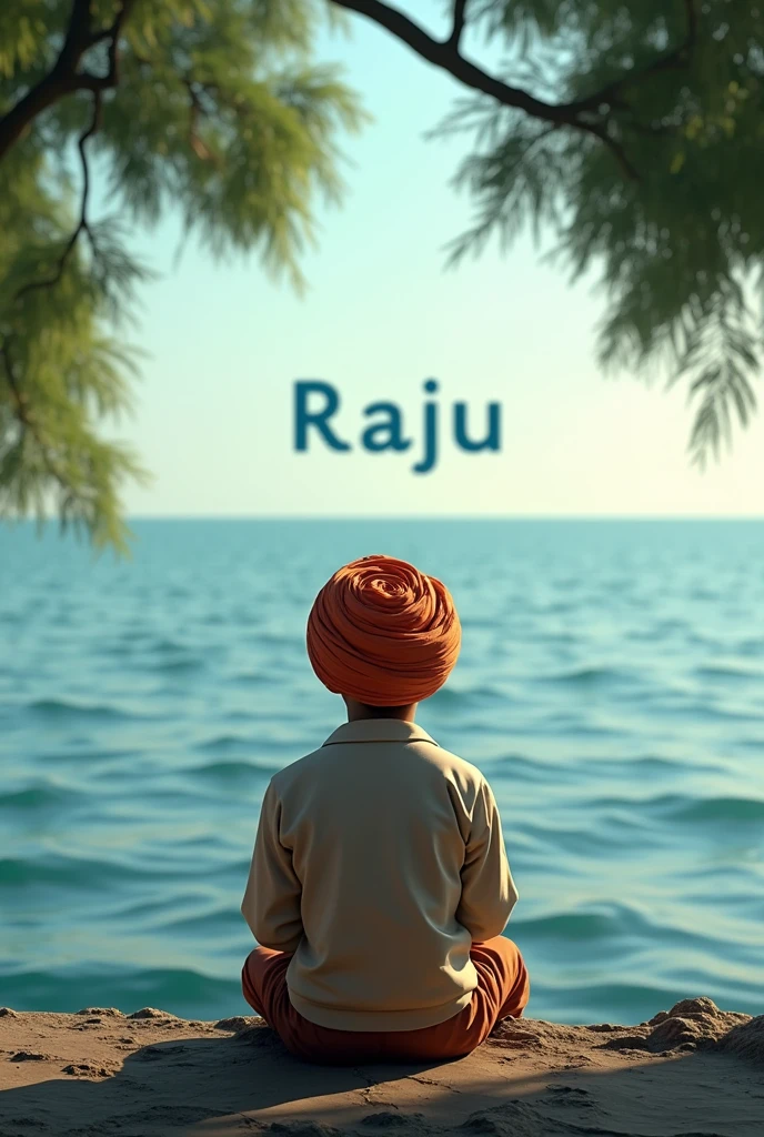 A Punjabi boy , wear a punjabi turban Realistic, facing at a sea, sitting alone,trees in the back , ultra realistic face,water see a bold name "RAJU"