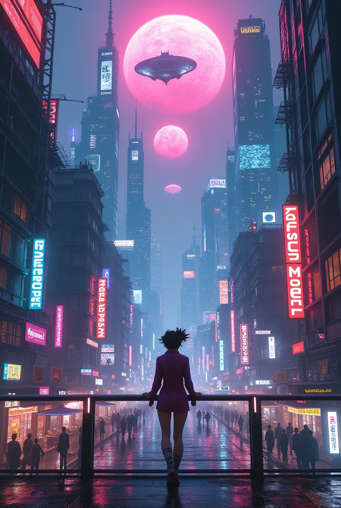 cyberpunk, futuristic city with giant outside walls, (Masterpiece artwork、4K、ultra detali:1.2)、(Big breast anime:1.2)、Lighting、(hentail realism:1)、(Photorealistic:1)、(Magnificent UFOs in the sky:1.5)、、 in a panoramic view、perspective:1.4)、(Fish-eye lens:1.2)、 (landscapes、away road string、urban landscape、the night、Meia-noite、on the roof、cyber punk character、tar roads、art of doodling、reflectors、storefronts、kiosk、footbridge、A street、police officers、taxis、benches:1.2)、(skyscraper、misty:1.4)、 (pedestrians、Large crowds、a guy:1.3)、 (Neon Signs、blue neon lights、pink neon、Yellow Neon Signs:1.4)、(Supermodel:1.4)、(Appearance々Hair color)、