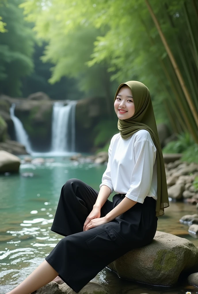 Beautiful Korean girl with smooth white skin, well-groomed face, faint smile, long hijab,olive green color ,olive green hudle white t-shirt ,Black cropped pants with lots of pockets. Posing sitting on a rock beside a very beautiful and exotic waterfall, under the waterfall the river looks calm, stones in the water , there are flowers on the banks of the river"very beautiful small flowers look real, green bamboo forest background, sunlight penetrates through the gaps in the bamboo trees, original photo