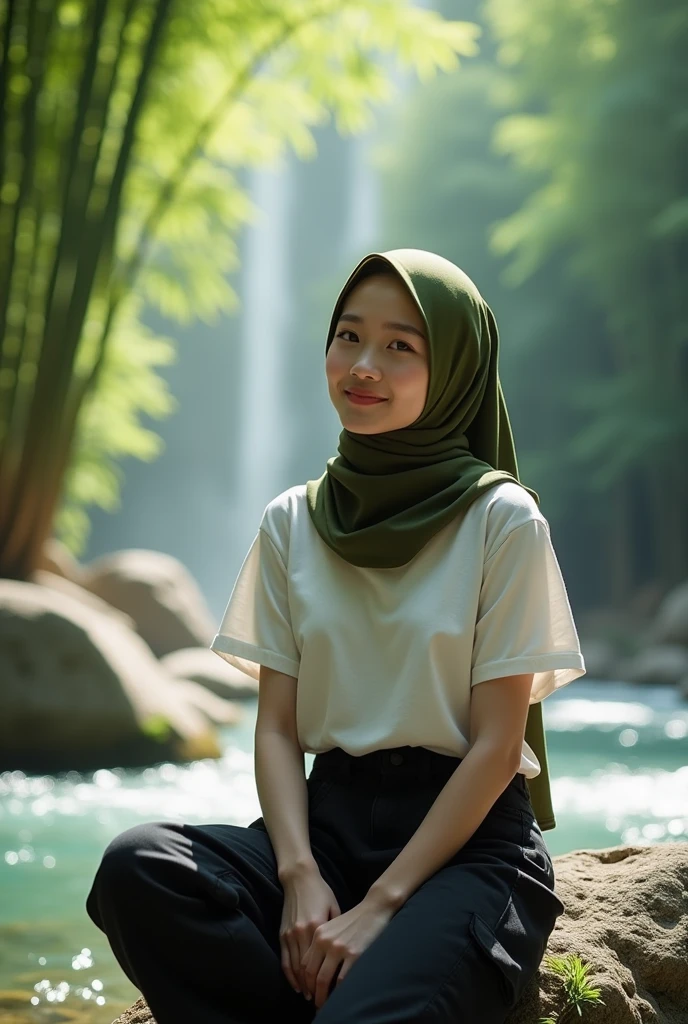 Beautiful Korean girl with smooth white skin, well-groomed face, faint smile, long hijab,olive green color ,olive green hudle white t-shirt ,Black cropped pants with lots of pockets. Posing sitting on a rock beside a very beautiful and exotic waterfall, under the waterfall the river looks calm, stones in the water , there are flowers on the banks of the river"very beautiful small flowers look real, green bamboo forest background, sunlight penetrates through the gaps in the bamboo trees, original photo