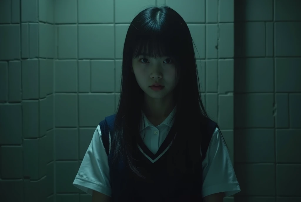 20 year old Korean high school girl,At night,In uniform, Horror atmosphere, There is a tile in the background,
