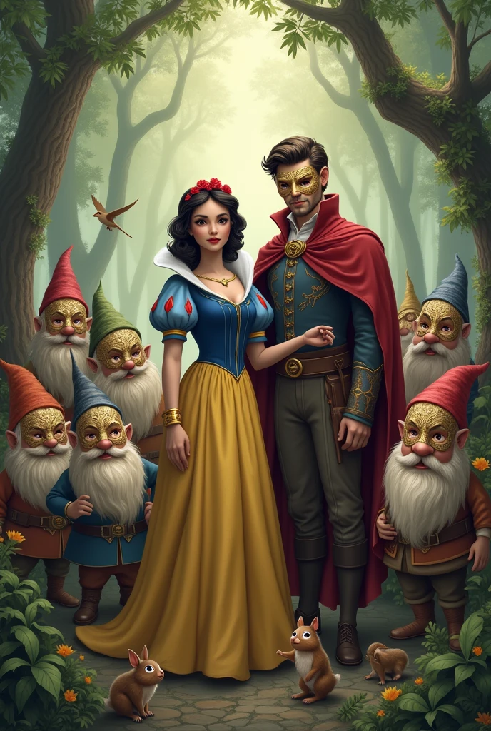 snow white with mask, the prince with a mask, dwarf 1 with mask,dwarf 2 with mask, dwarf 3 with mask, dwarf 4 with mask, dwarf 5 with mask, dwarf 6 with mask, dwarf 7 with mask, and little forest animals